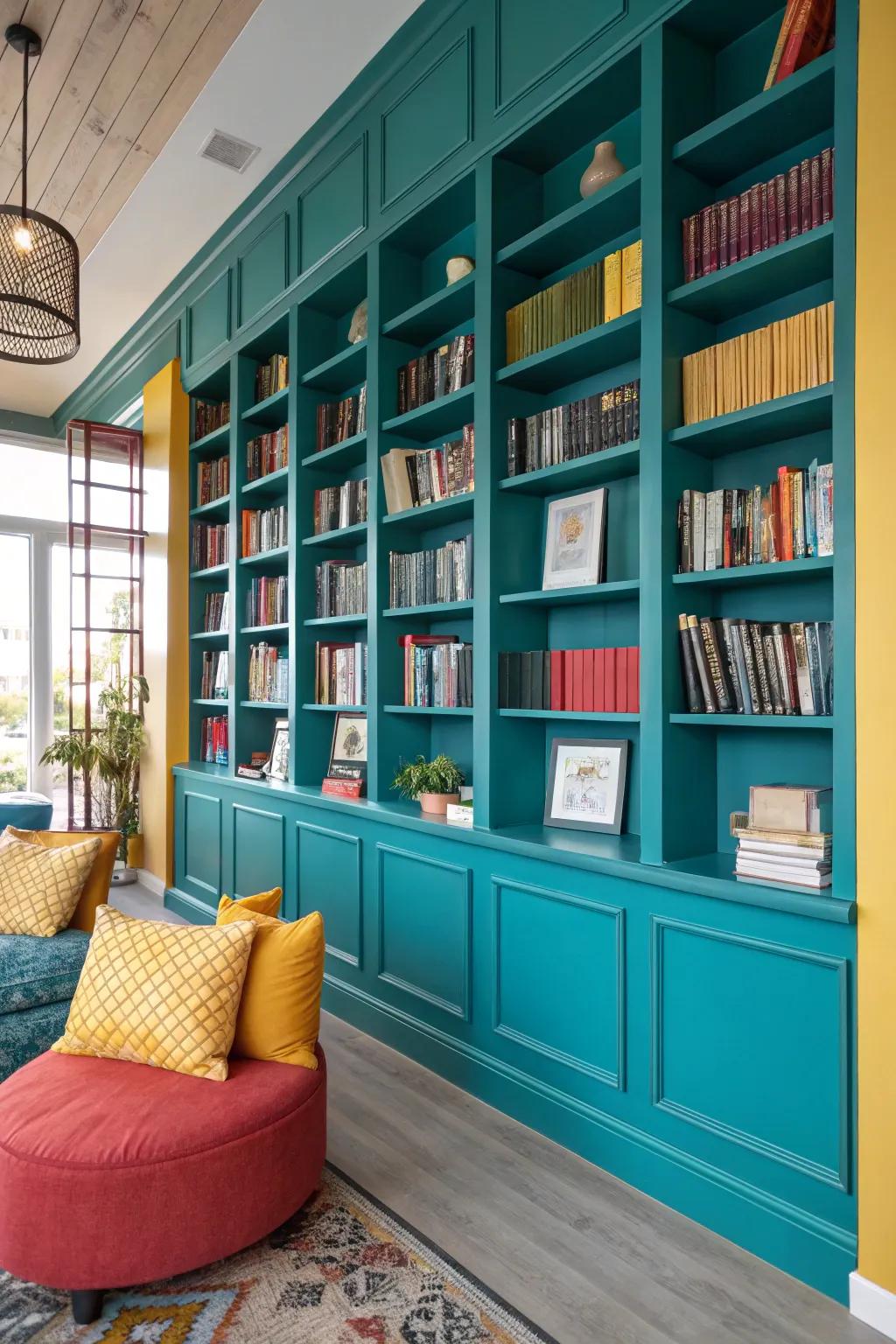 Make a statement with bold colored bookshelves that infuse your space with vibrancy and character.