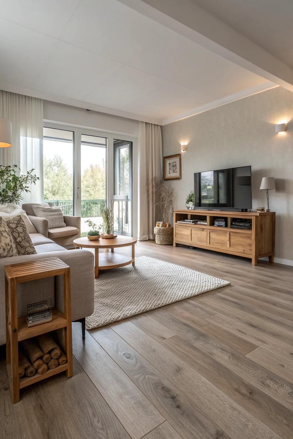 Sleek vinyl flooring and minimalist decor create a modern, inviting living room.