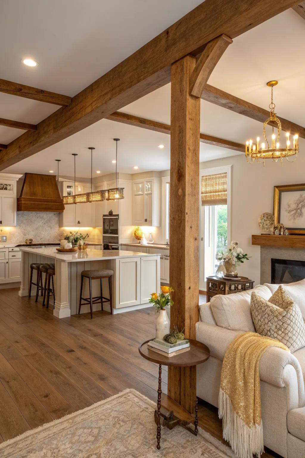 Create a harmonious flow between your kitchen and living room with elegantly integrated beams.