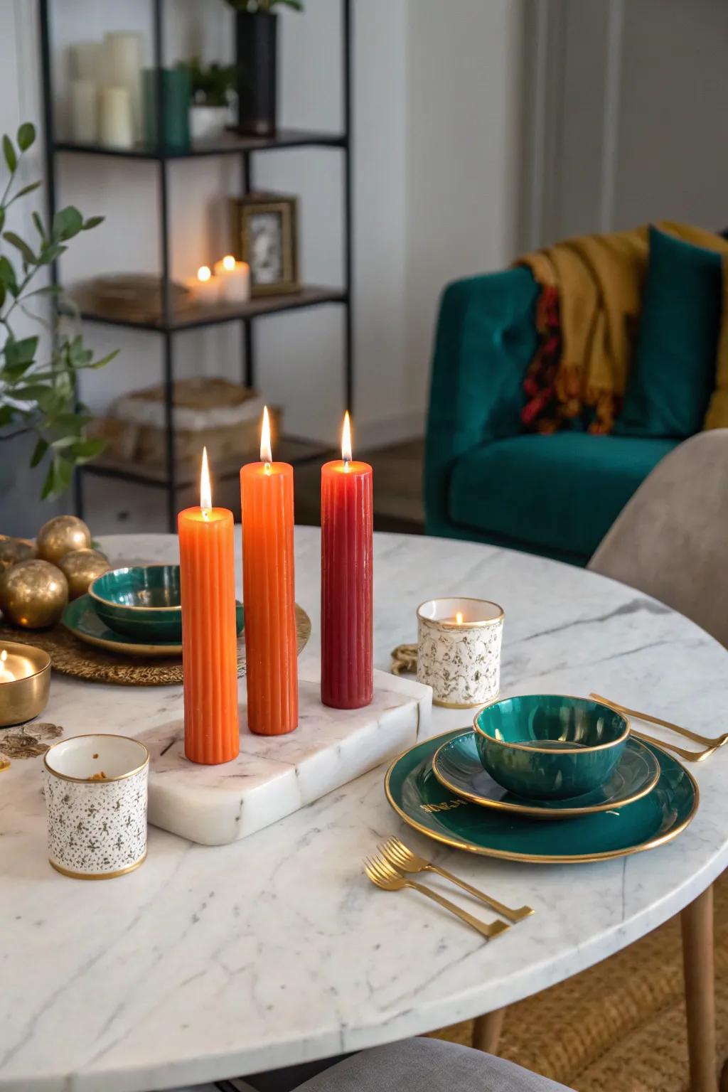 Create a warm, inviting atmosphere with the glow of candles on your marble dining table.