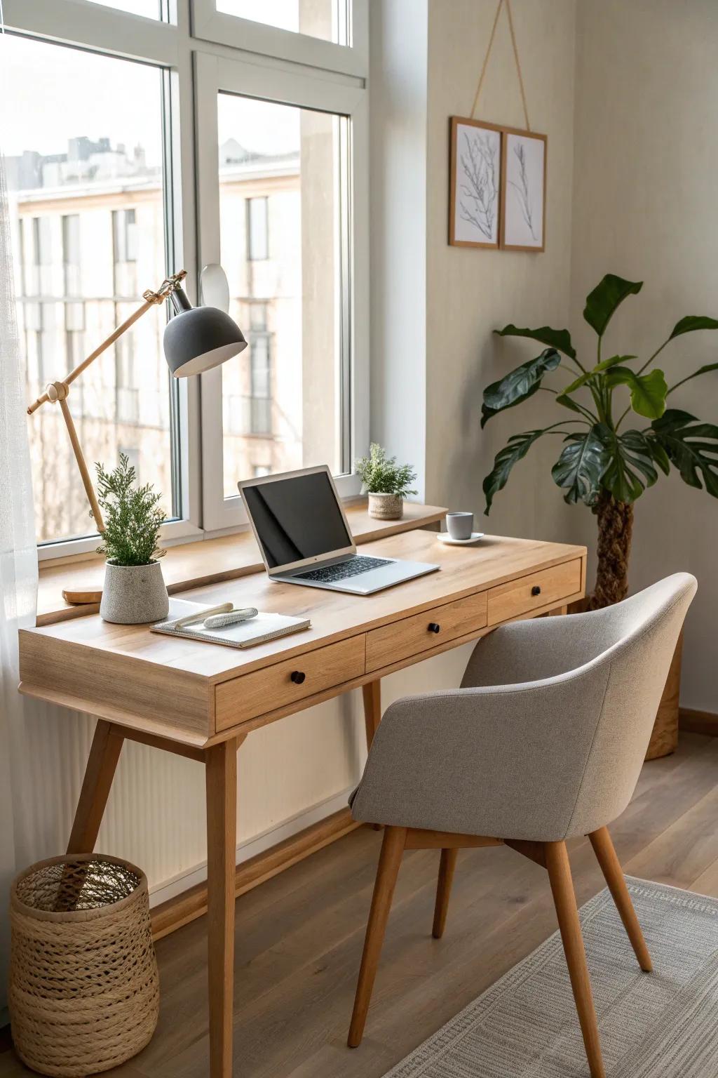 Brighten your workspace with natural light and greenery for a refreshing ambiance.