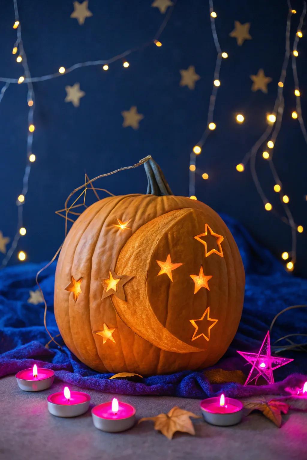 Bring the night sky to life with a pumpkin carved into a dazzling starry nightscape.