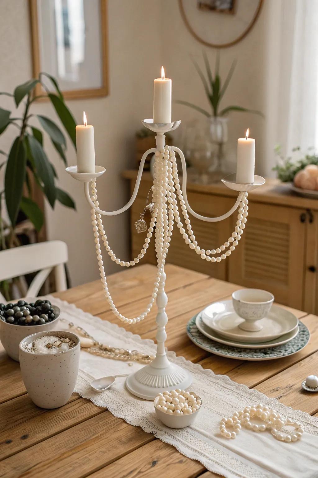 Add a touch of vintage elegance with draped pearl garlands over candelabras. ✨ #VintageDecor #PearlGarlands