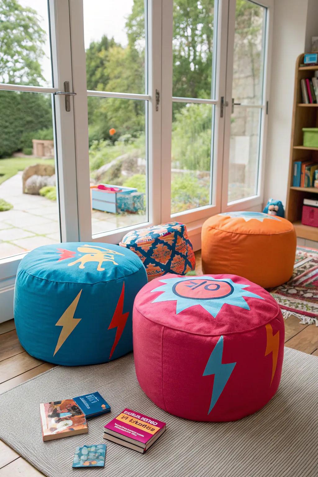 Infuse character into the playroom with themed poufs that double as seating and decor.