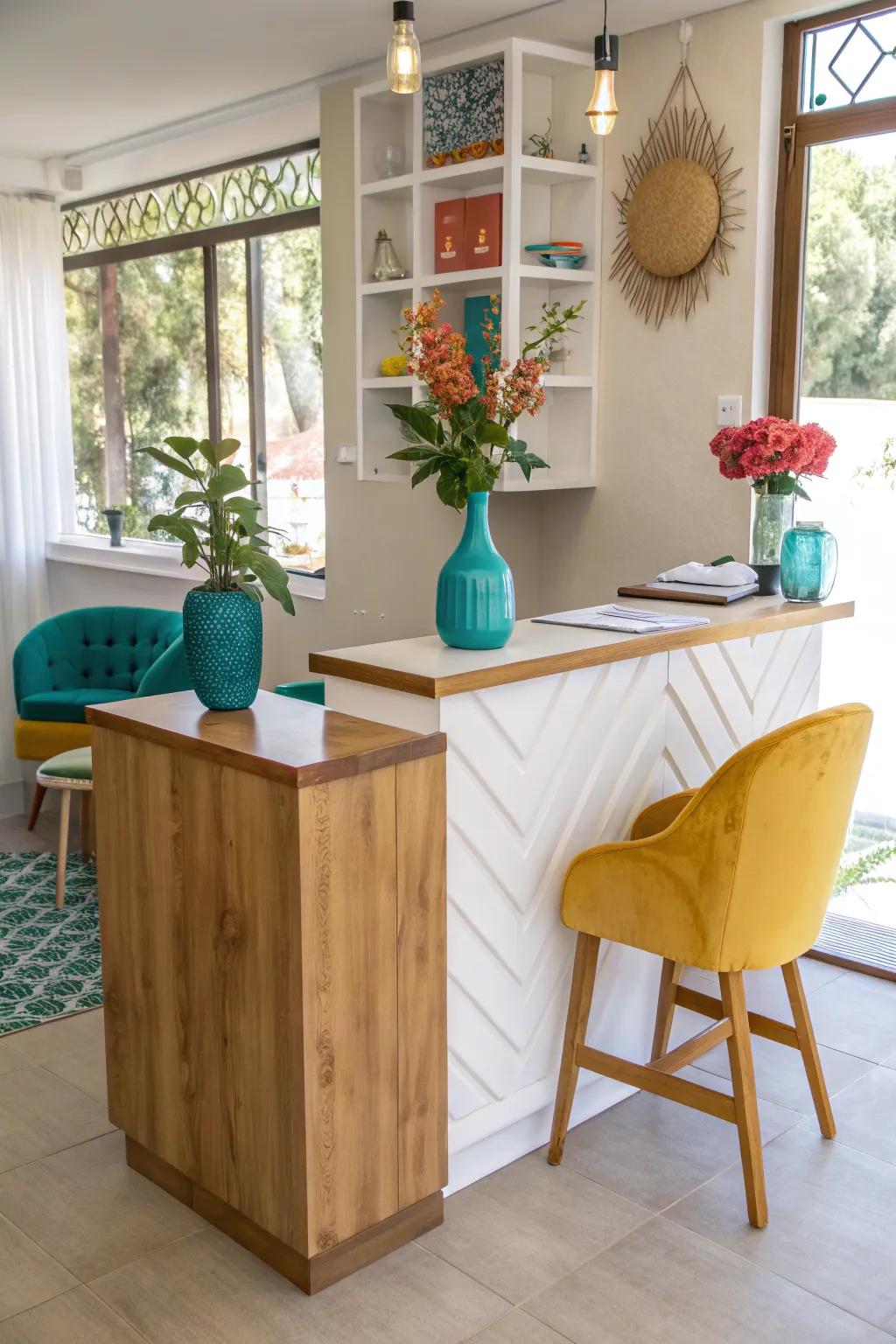 Achieve a harmonious blend of nature and elegance with wood and white reception desk designs.