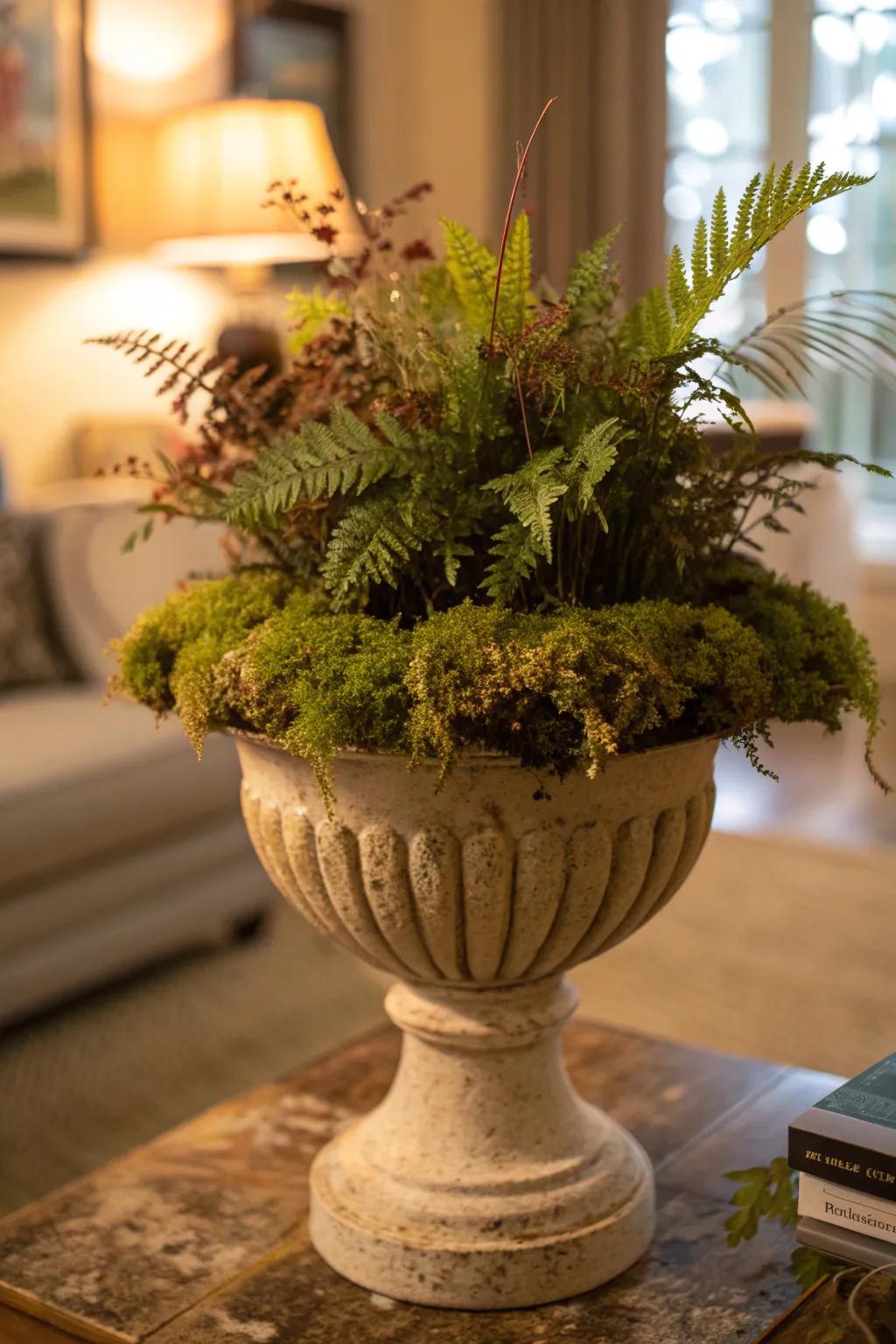 Create a serene, natural vibe with layers of moss and faux ferns in your spring decor.