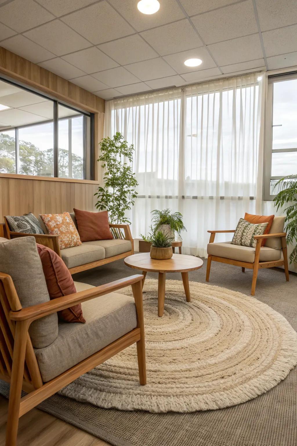 Make your lounge feel like home with cozy rugs and inviting throw pillows.