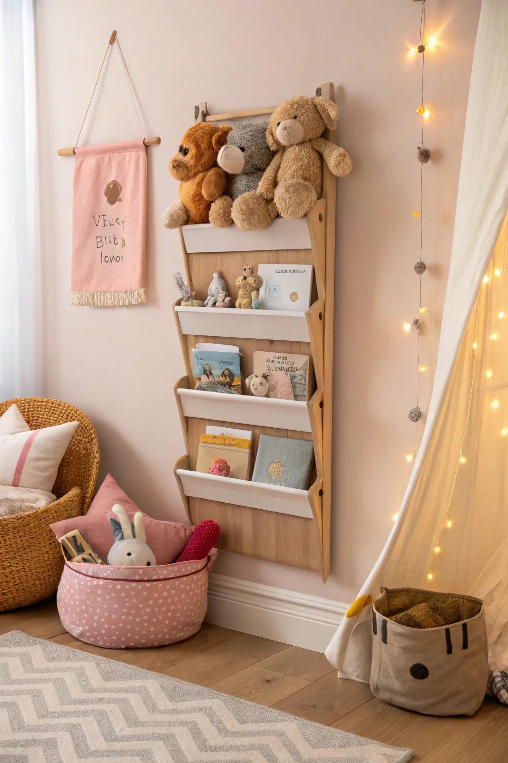 Maximize vertical space with a stylish wall-mounted plushie organizer!