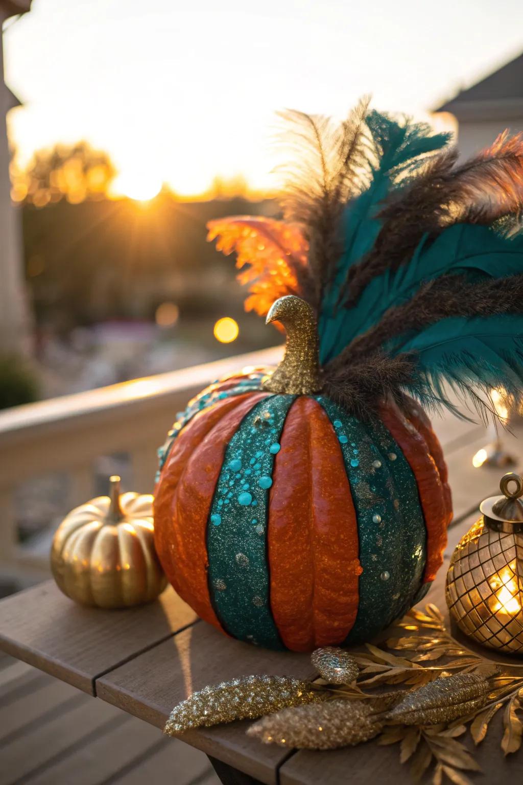Add a touch of glamour to your decor with a metallic pumpkin turkey centerpiece.