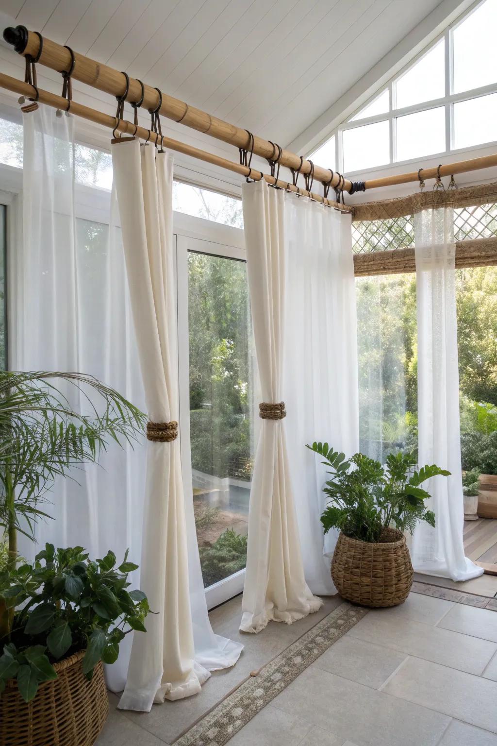 Bring an organic feel to your space with bamboo curtain rods, perfect for a relaxed atmosphere.