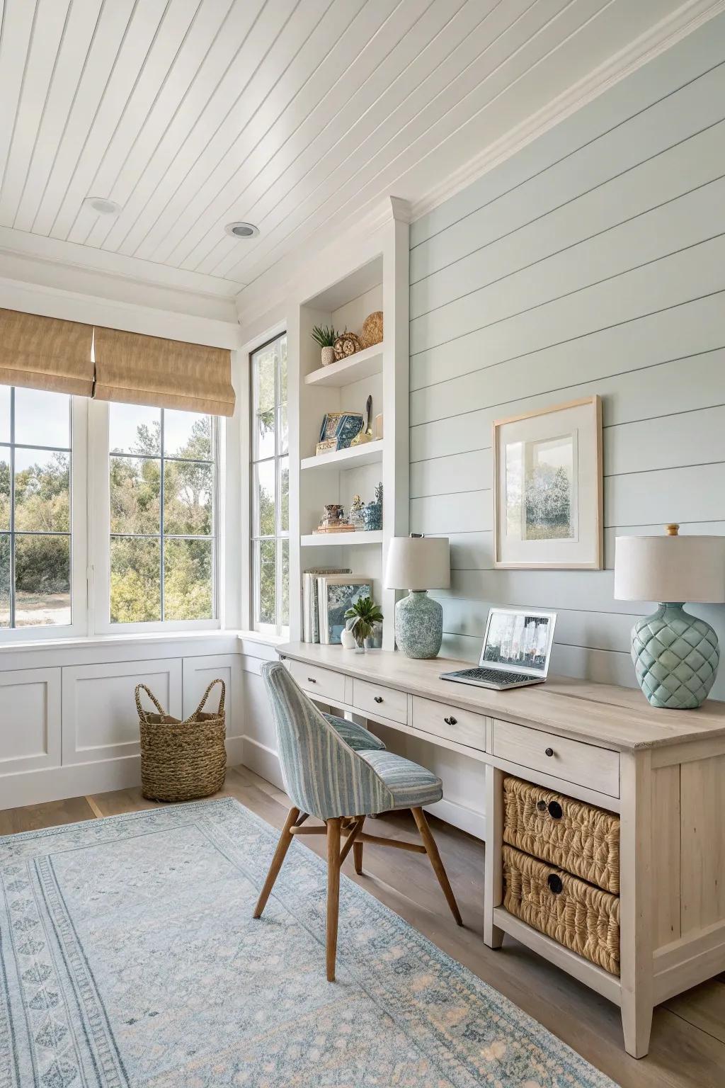 Bring the beach to your workspace with shiplap wainscoting for a relaxed feel.