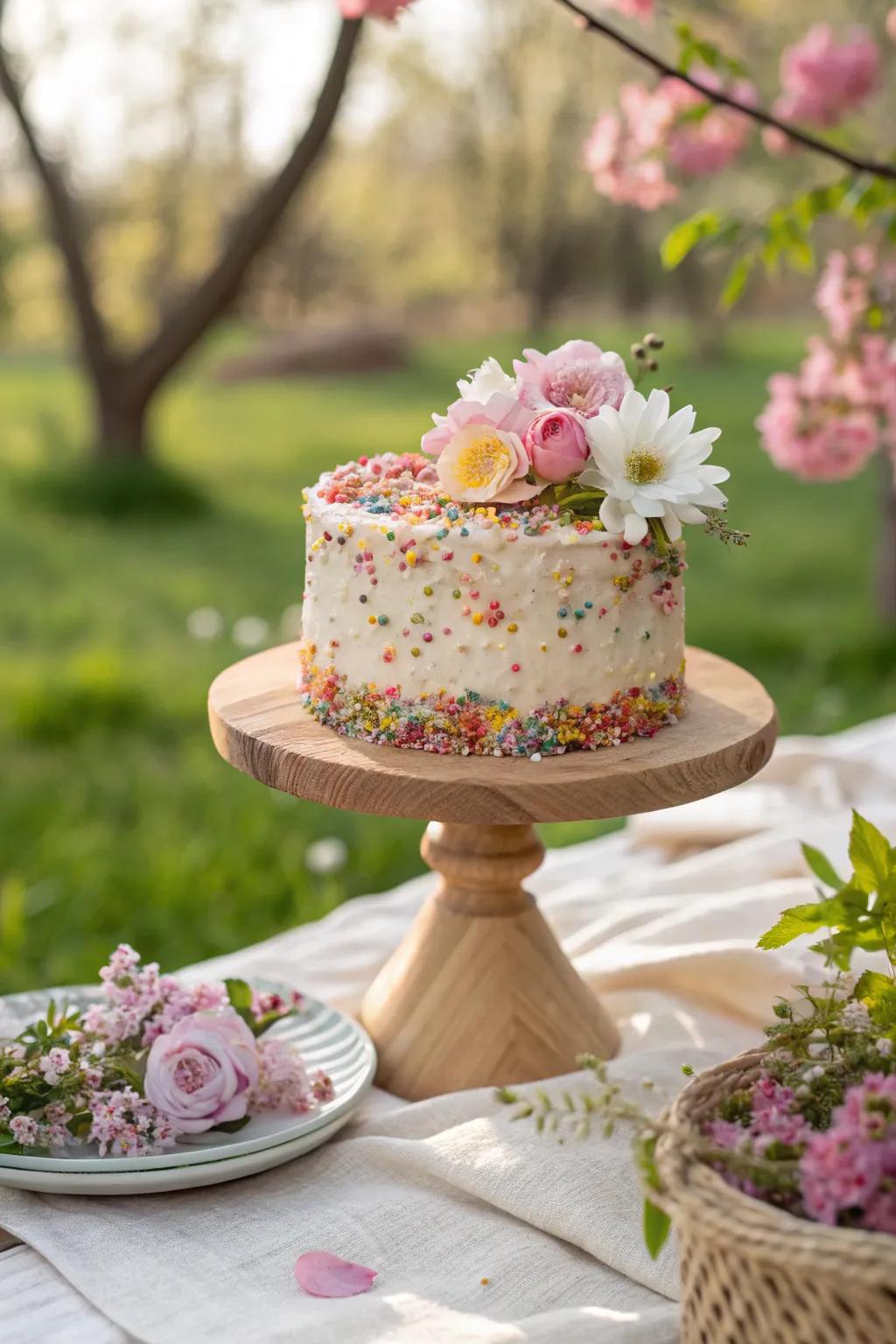Fresh flowers and sprinkles come together for a stunning cake that celebrates new beginnings.