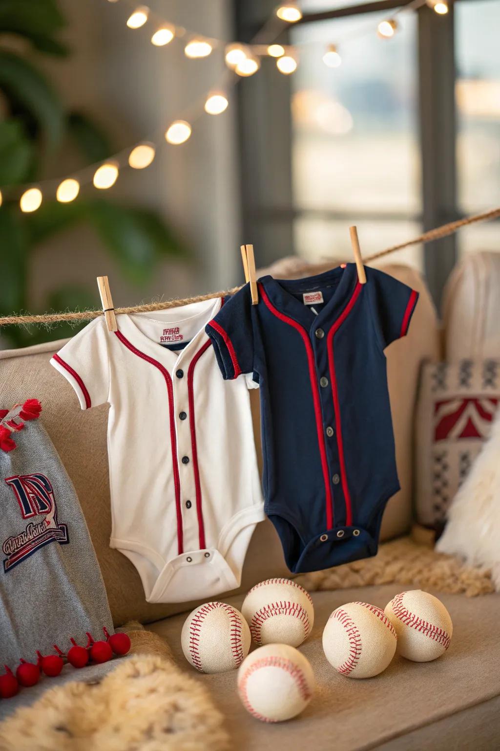 Blend baby shower charm with baseball nostalgia using adorable baby onesie displays.