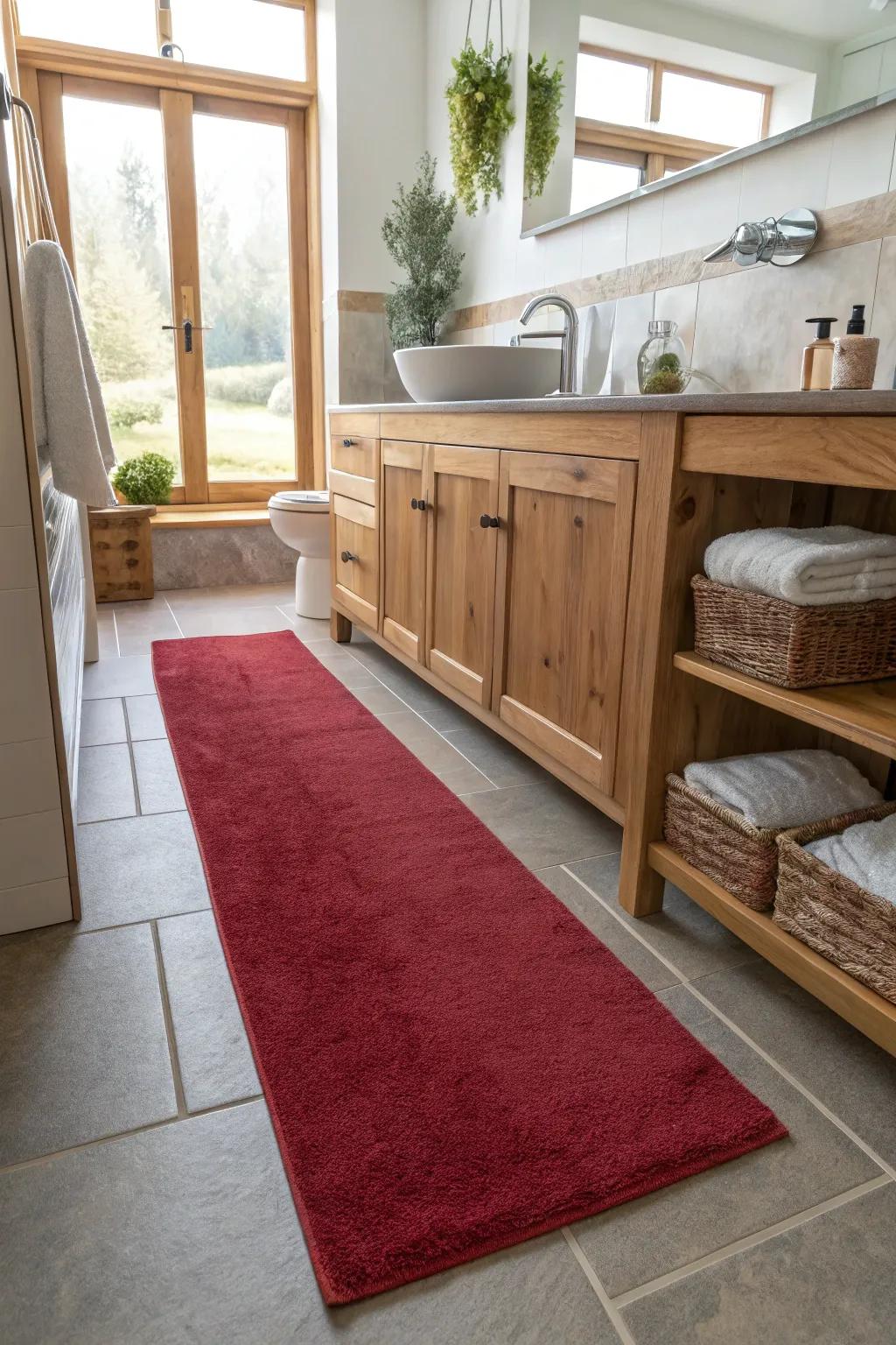 Introduce a splash of color with a vibrant runner, making your bathroom lively and inviting.