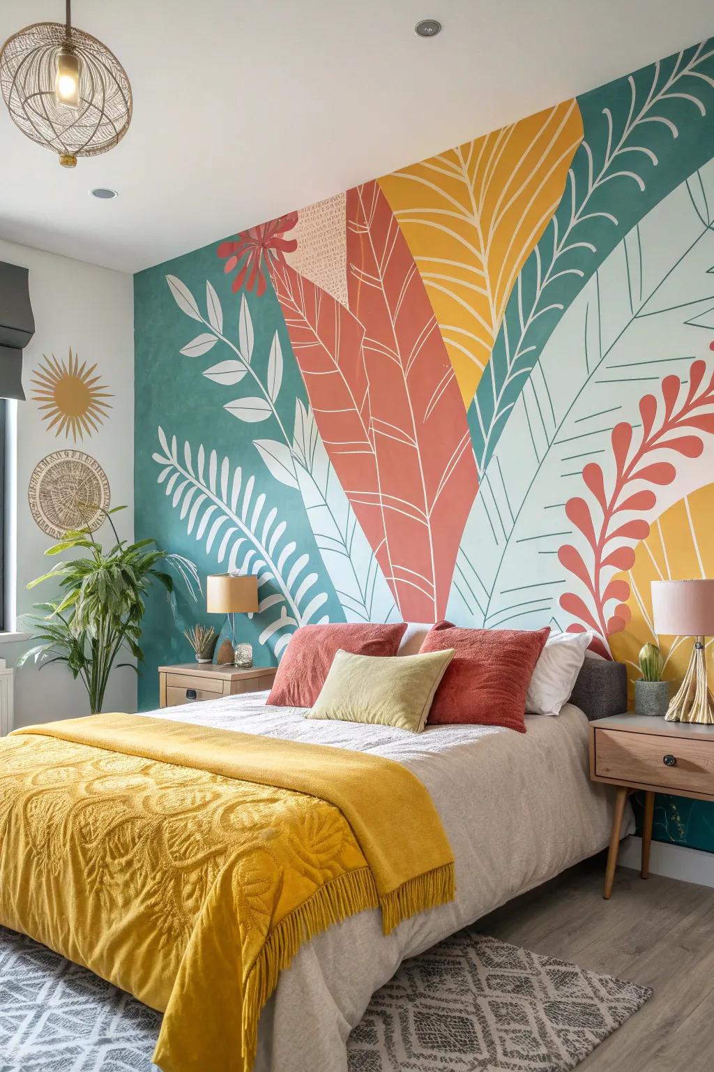 Add a touch of modern elegance with an abstract mural that complements your bedroom's aesthetic.