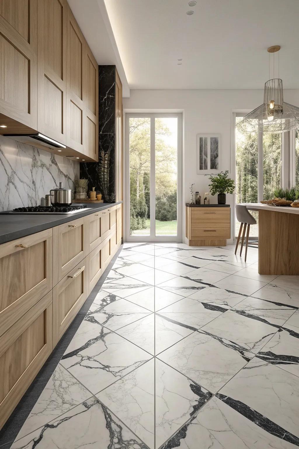Experience luxury with marble tiles that bring elegance to your kitchen. #MarbleTiles #LuxuryKitchen #ElegantDesign