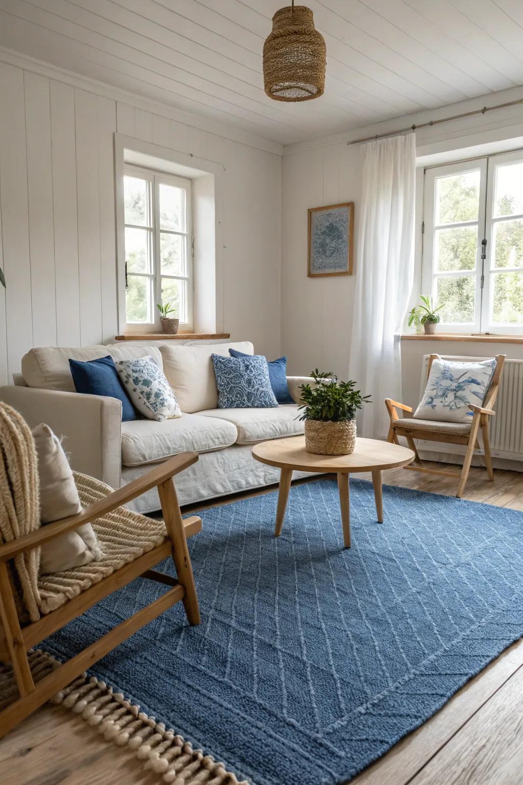 Layer your living room with a textured blue rug for a cozy and inviting ambiance.