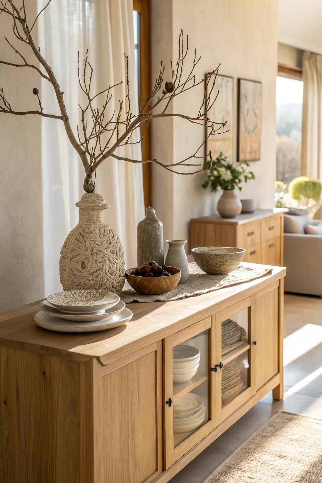 Add an artistic twist to your buffet with unique decorative objects. 🎨 #ArtisticDecor #HomeStyle