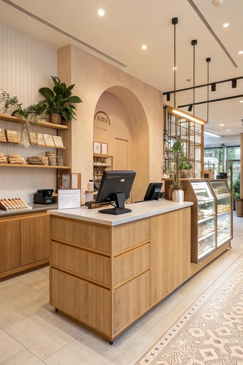 Adaptable and stylish, a modular cash wrap counter offers flexibility for any retail space.