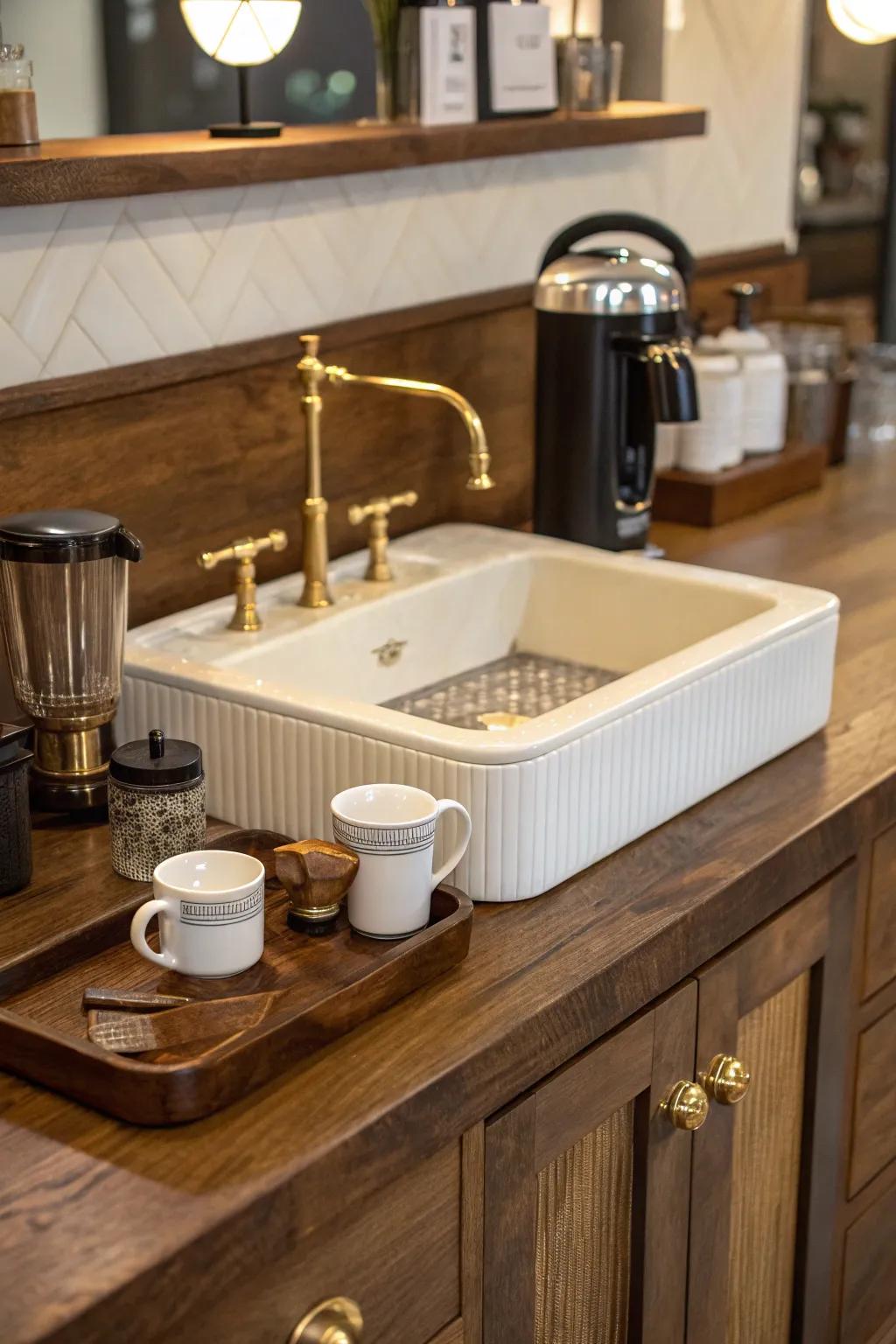 Embrace the warmth of natural wood tones in a coffee bar that feels like an inviting hug.