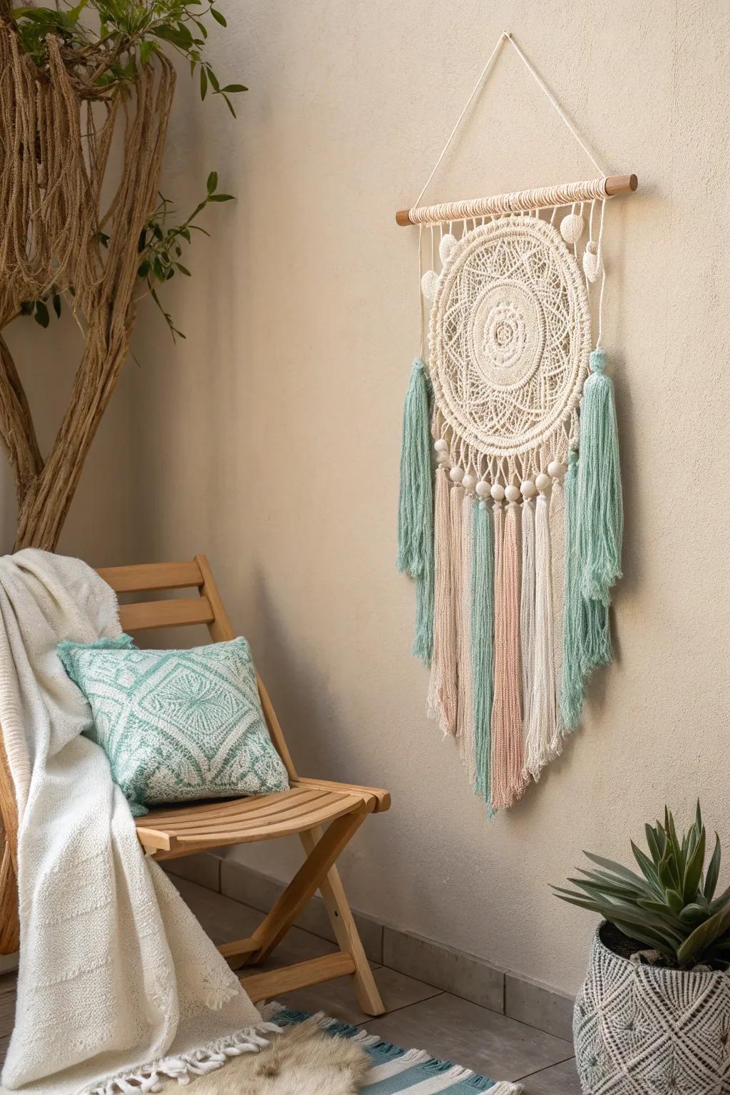 Capture dreams and style with a crochet dreamcatcher wall hanging.
