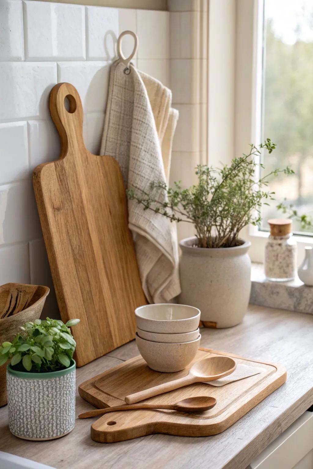 Blend function and style by incorporating cutting boards with other kitchen essentials for a cohesive look.