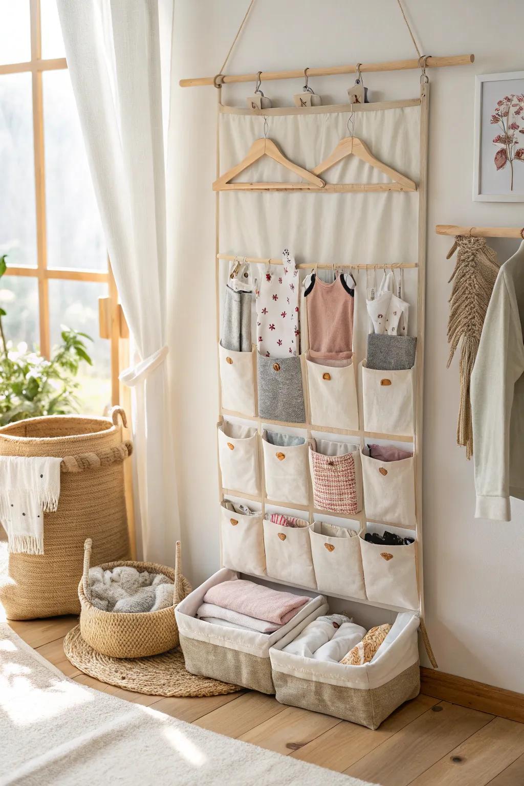 Hanging organizers are a space-efficient solution for doll wardrobes.