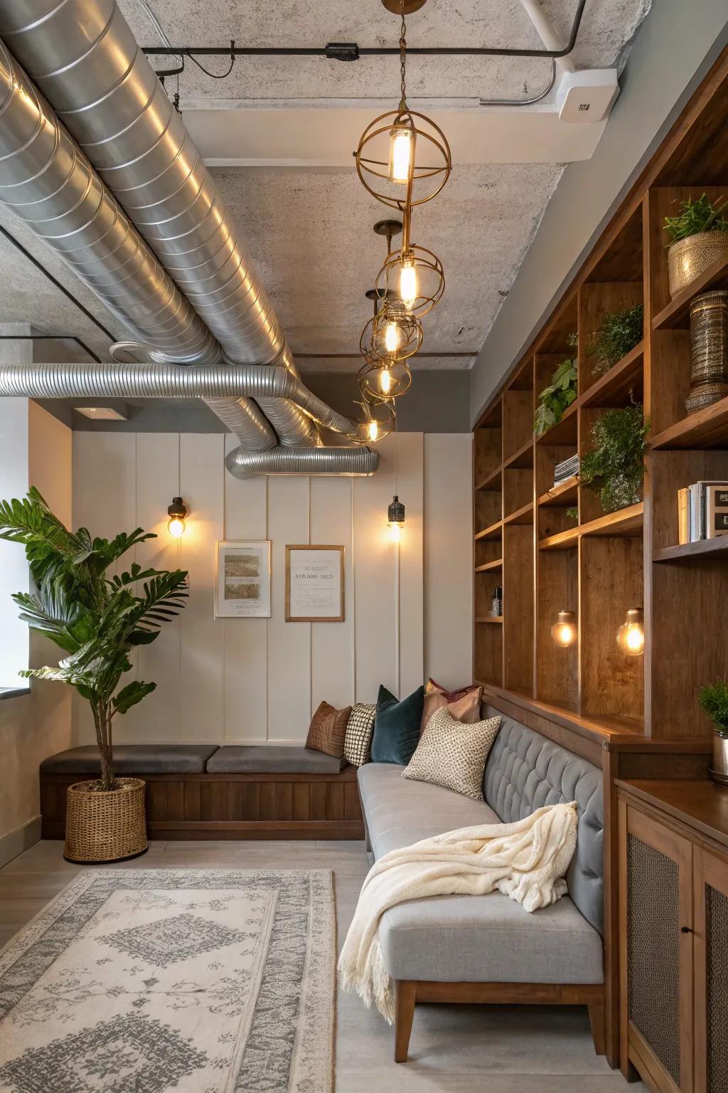 Illuminate your space by pairing ductwork with integrated lighting for a cozy, inviting atmosphere. 💡 #LightingDesign #HomeGlow #DecorTips