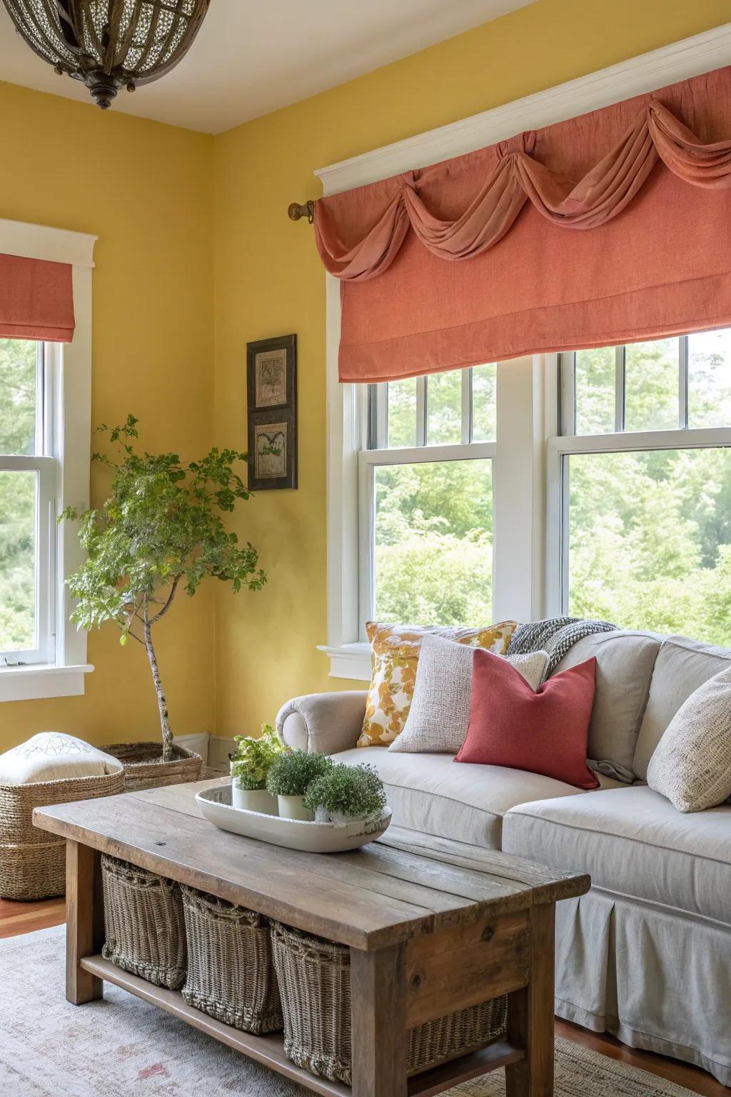 Earthy-toned valances beautifully complement natural wood and greenery, creating a cozy retreat.