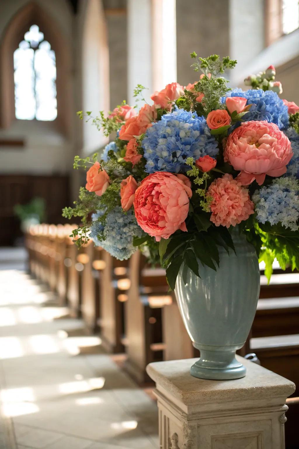 Classic floral designs bring timeless charm to church settings.