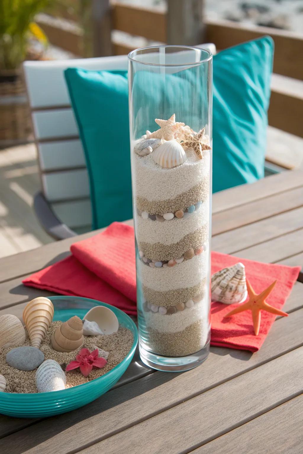 Bring the beach to your table with a coastal-inspired centerpiece of sand and shells.