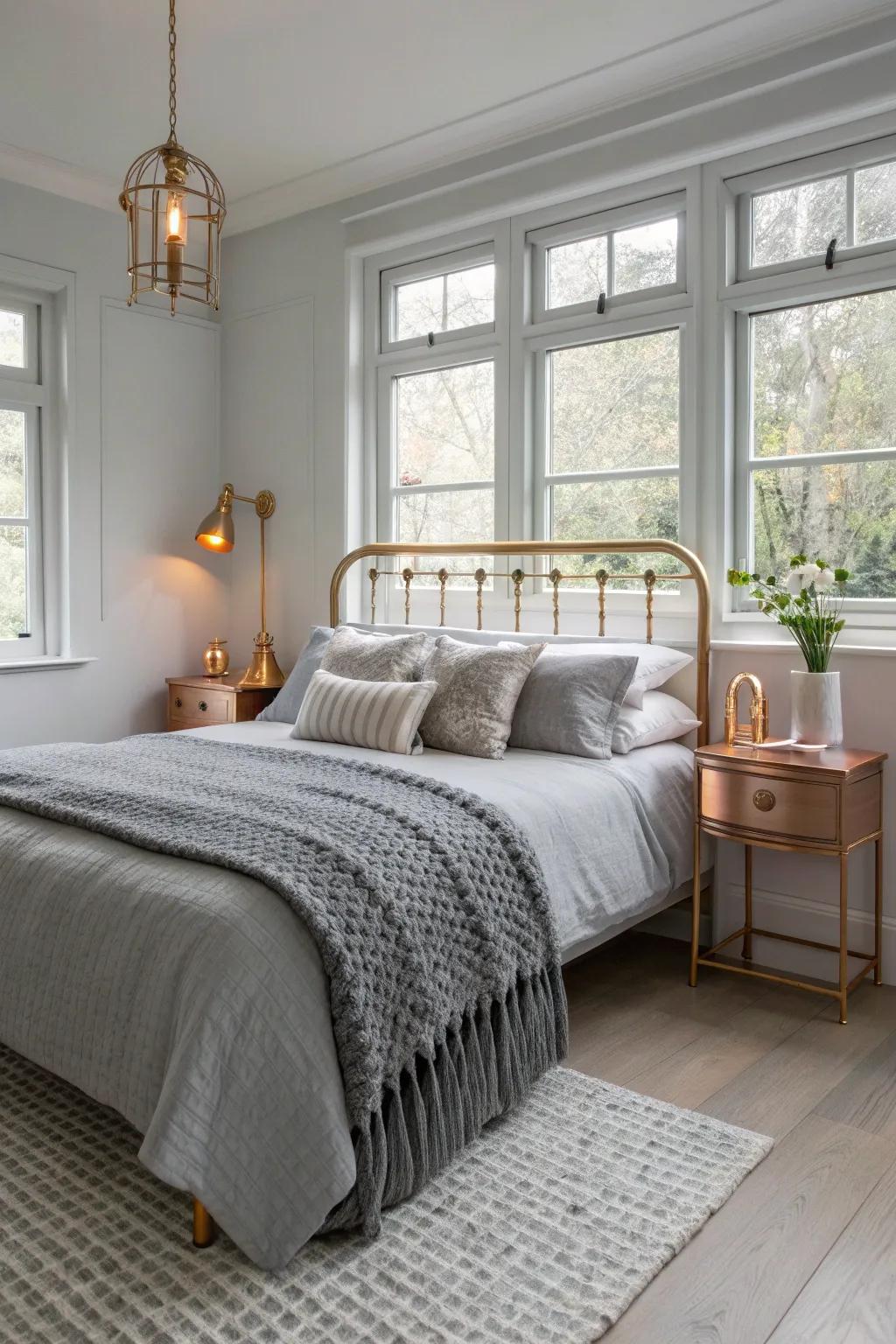 Elevate your grey bedroom with luxurious metallic touches that add warmth and shine.