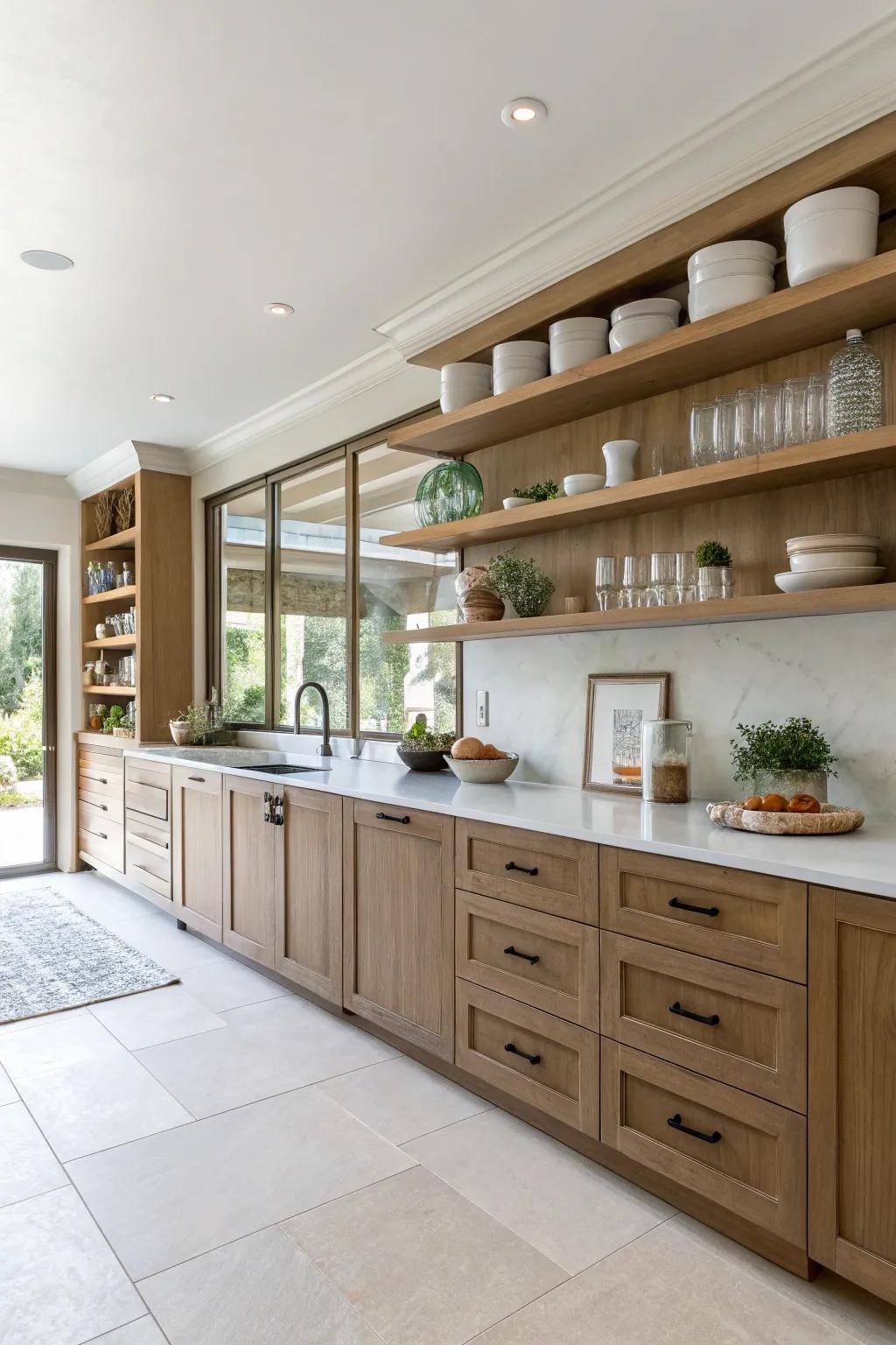 Create an airy and stylish kitchen with open shelving to complement your brown cabinets.