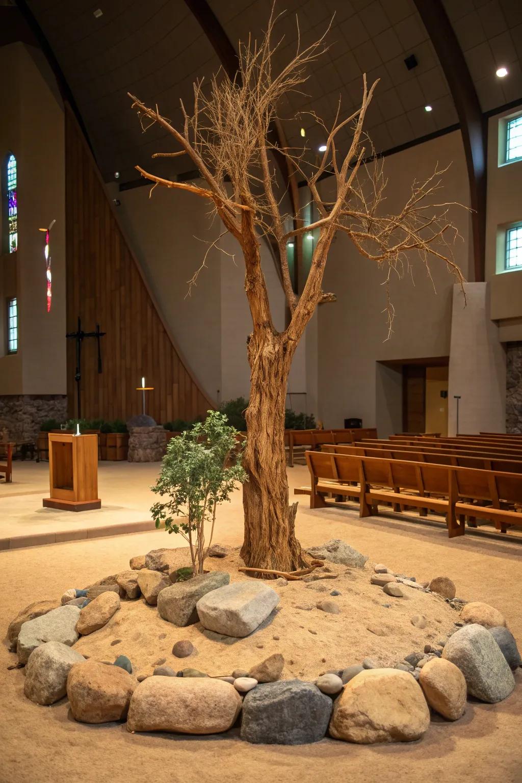 The stark beauty of a dried tree captures the essence of Lent's wilderness journey.