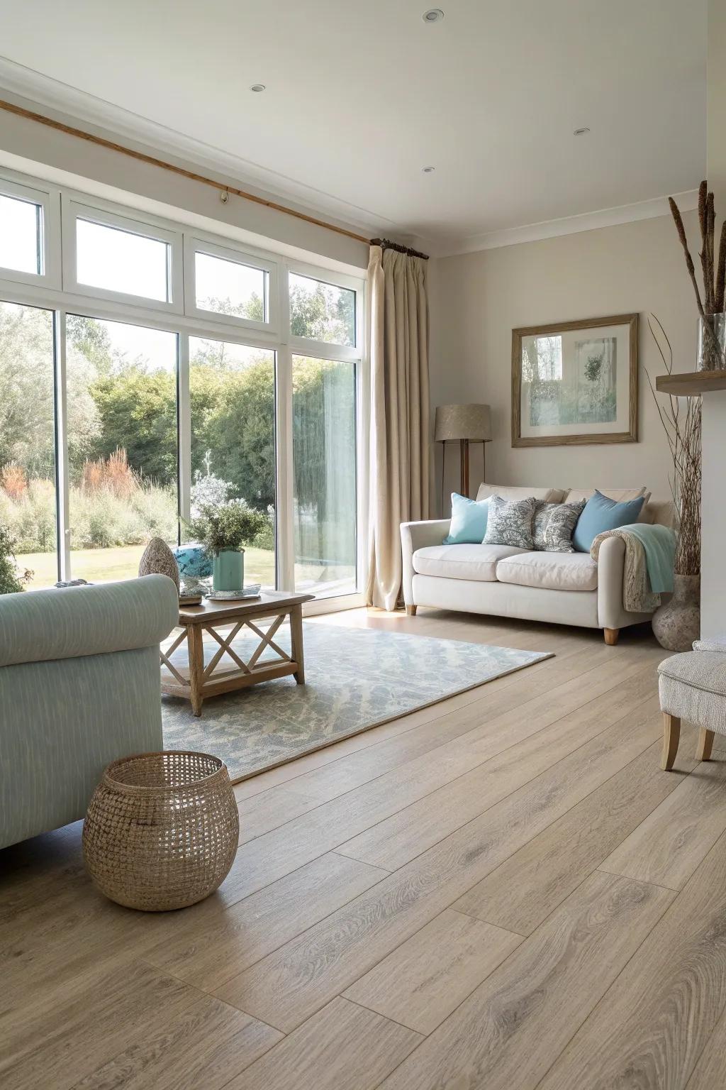 Light-colored vinyl flooring enhances natural light, creating a bright and airy living room.