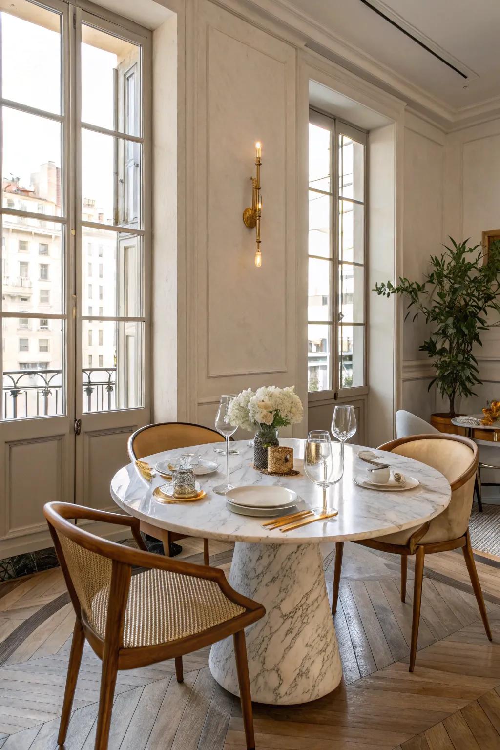 Elevate your marble dining table with luxurious metallic accents. ✨ #MetallicDecor #LuxuryDesign