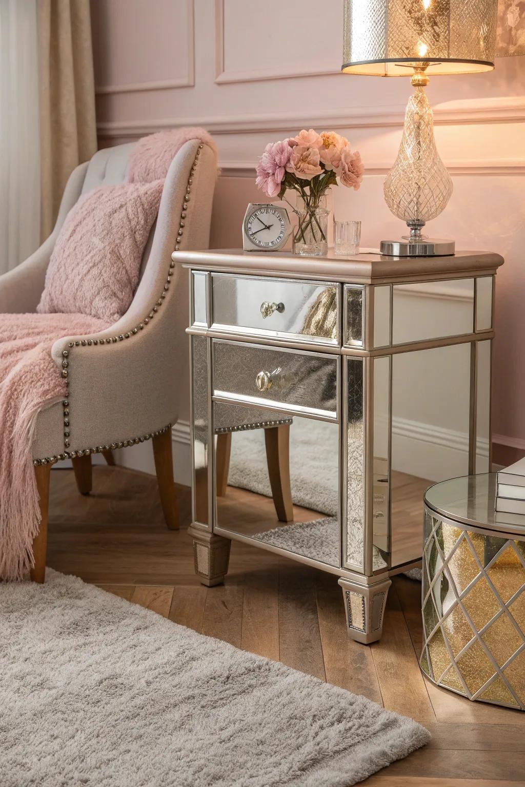 A mirrored side table adds a dash of elegance and light to any bedroom corner.