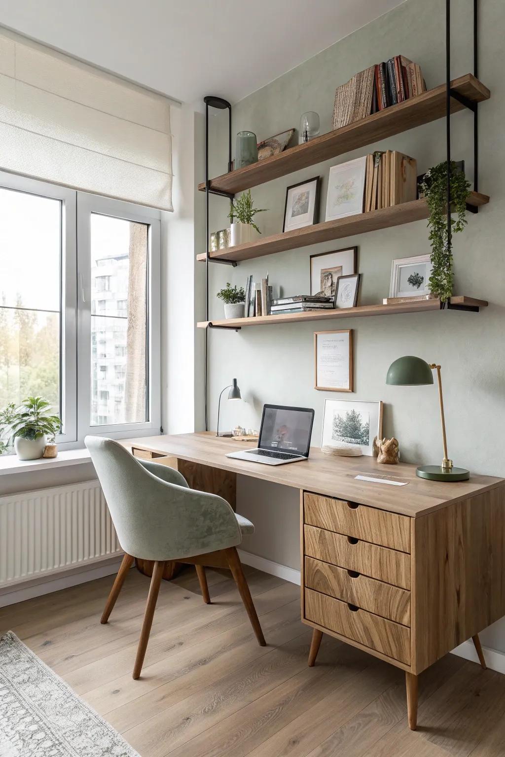 Elevate your workspace with stylish shelves that blend storage and decor.