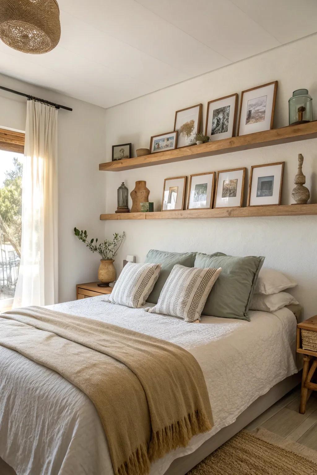 Decorative ledges above the bed offer a personal gallery space. 🖼️✨ #HomeDecor #WallArt