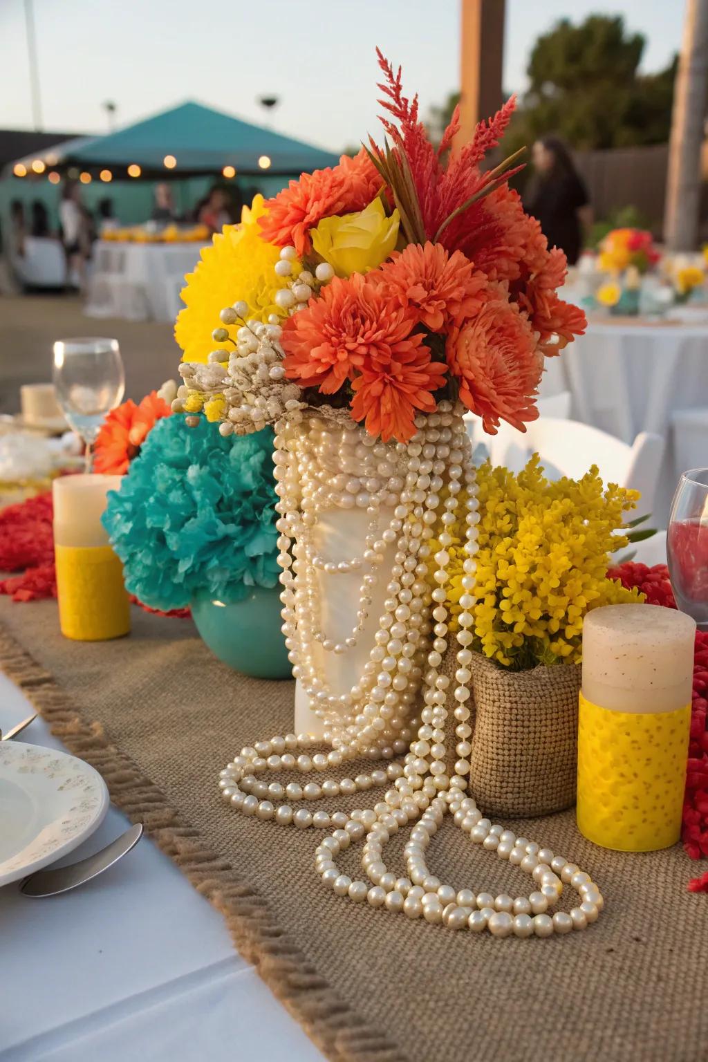 Mix pearls with rustic elements for a visually stunning tablescape.