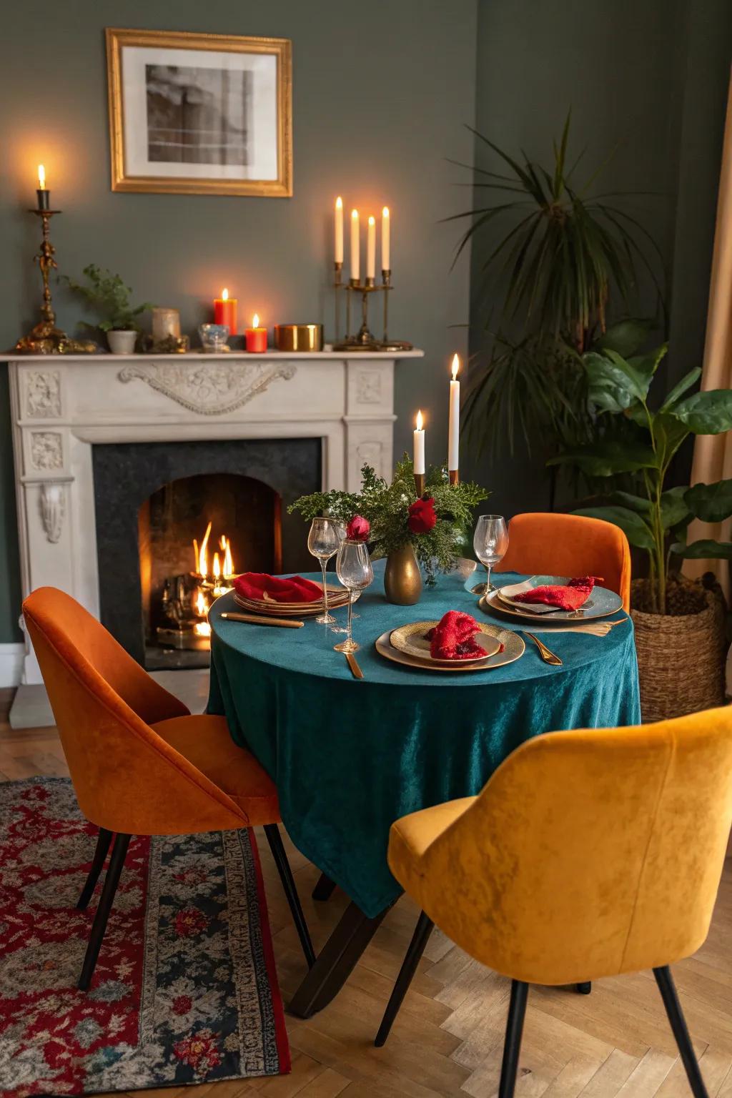 Enjoy an intimate dinner by the fireplace for a touch of warmth and romance.