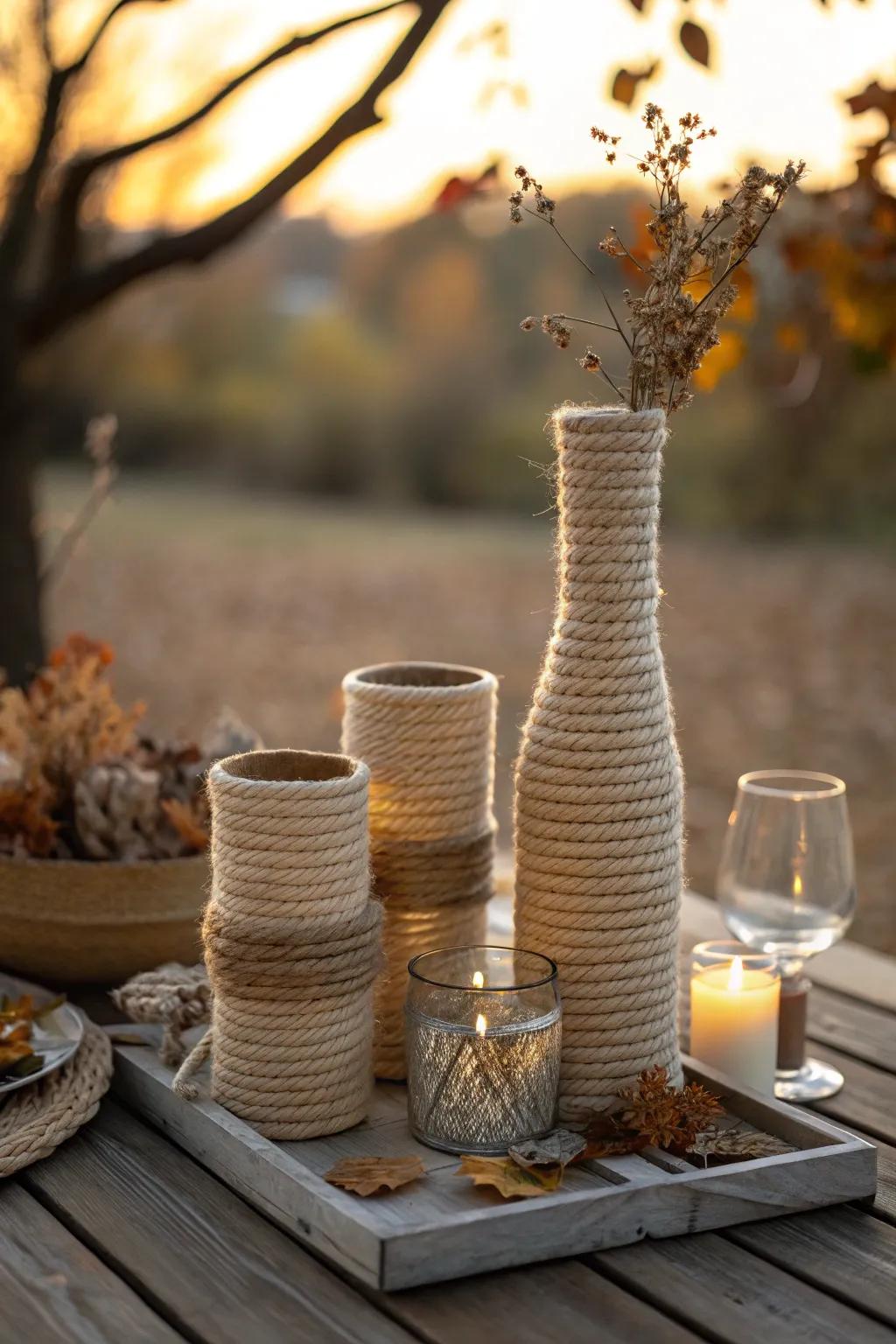 Add rustic elegance to your table with rope-wrapped vases.