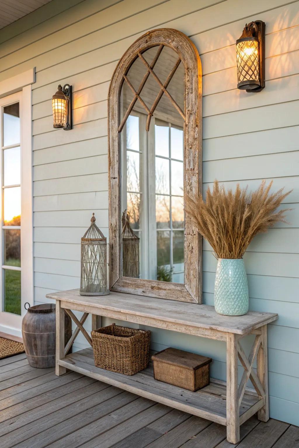 Embrace timeless style with a distressed mirror that speaks of character and charm. #VintageStyle #BathroomInspo