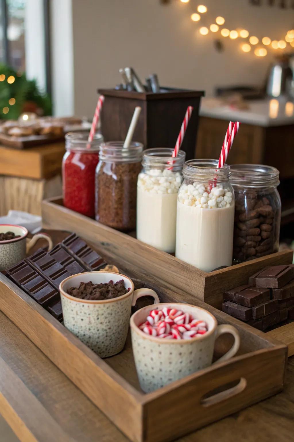Create a cozy hot chocolate station that brings childhood nostalgia to your gathering.