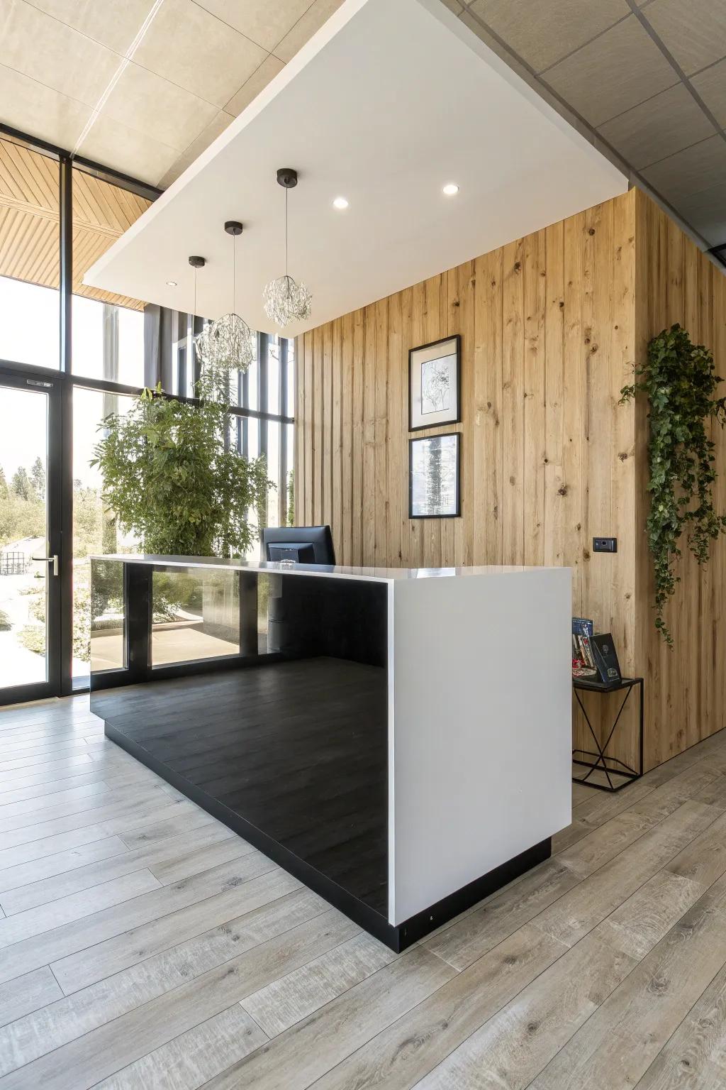 Make a bold statement with a black and white contrast reception desk.