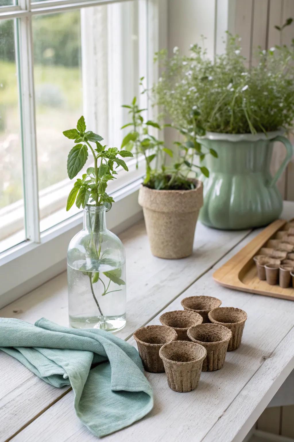 Rustic mini peat pots make for a delightful garden-inspired vase filler.