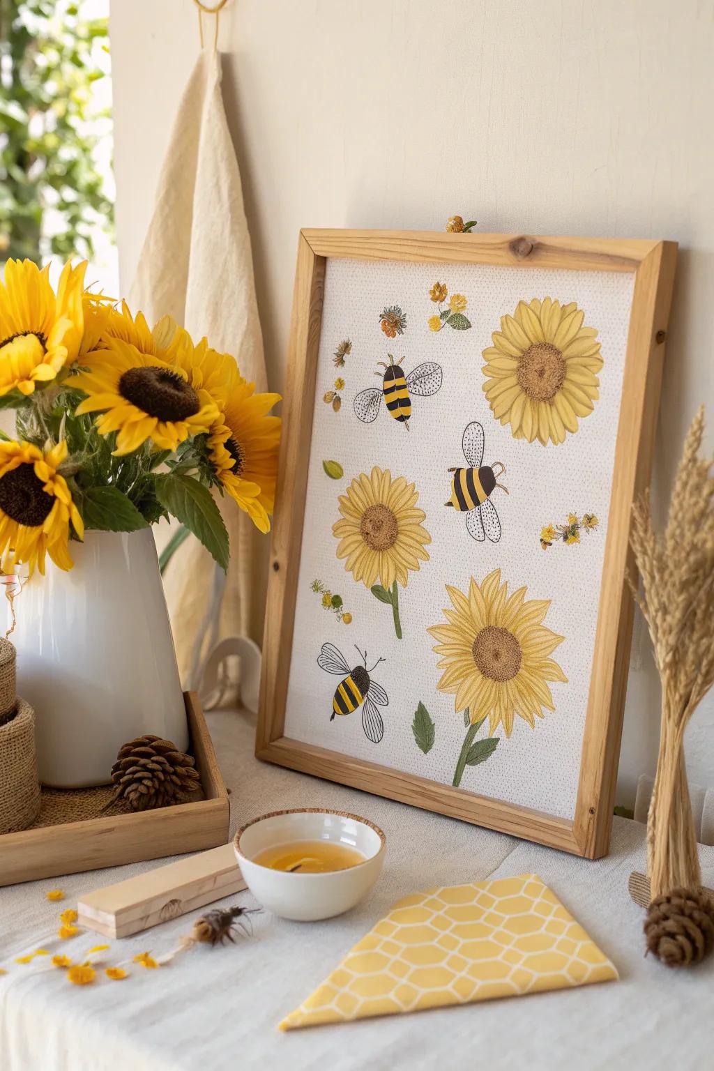 Sunflower and bee accents create a lively, buzzing energy, perfect for a touch of springtime cheer.