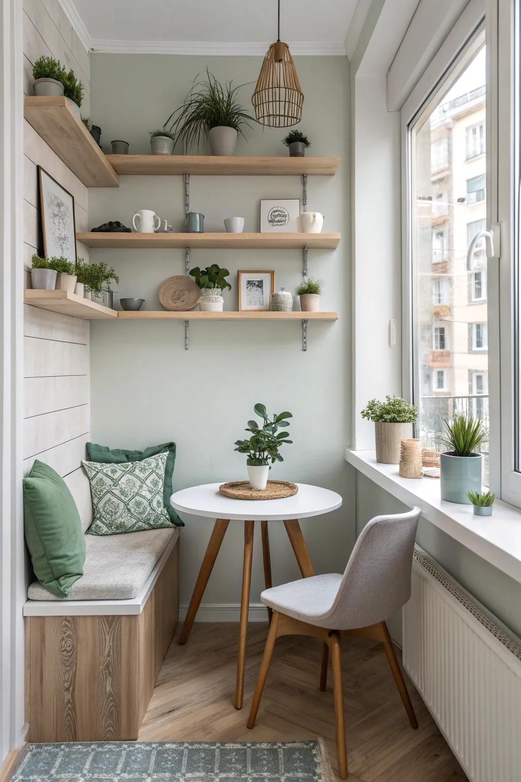 Enhance your nook with floating shelves that combine storage with style.