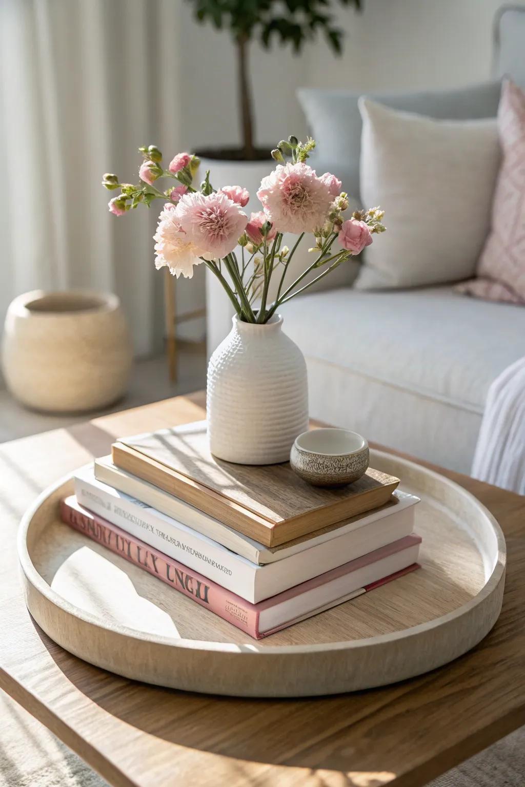 Merge intellect with beauty by pairing books and blooms for a sophisticated tray display. 📚🌸 #BookLovers #HomeDecor #TrayStyling