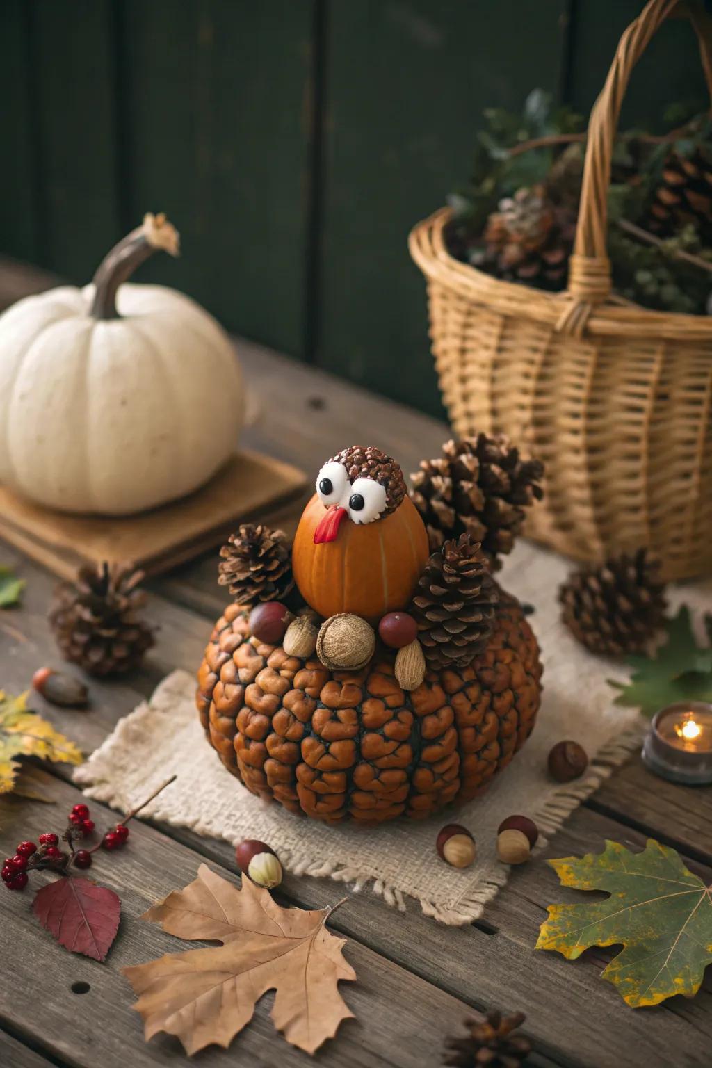 Bring the outdoors in with a woodland-inspired pumpkin turkey using natural elements.
